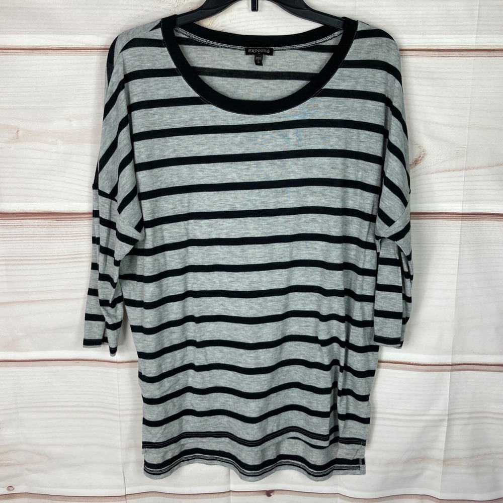 Express Top Womens S Gray Black Stripe 3/4 Sleeve Tunic T-Shirt Lightweight Knit
